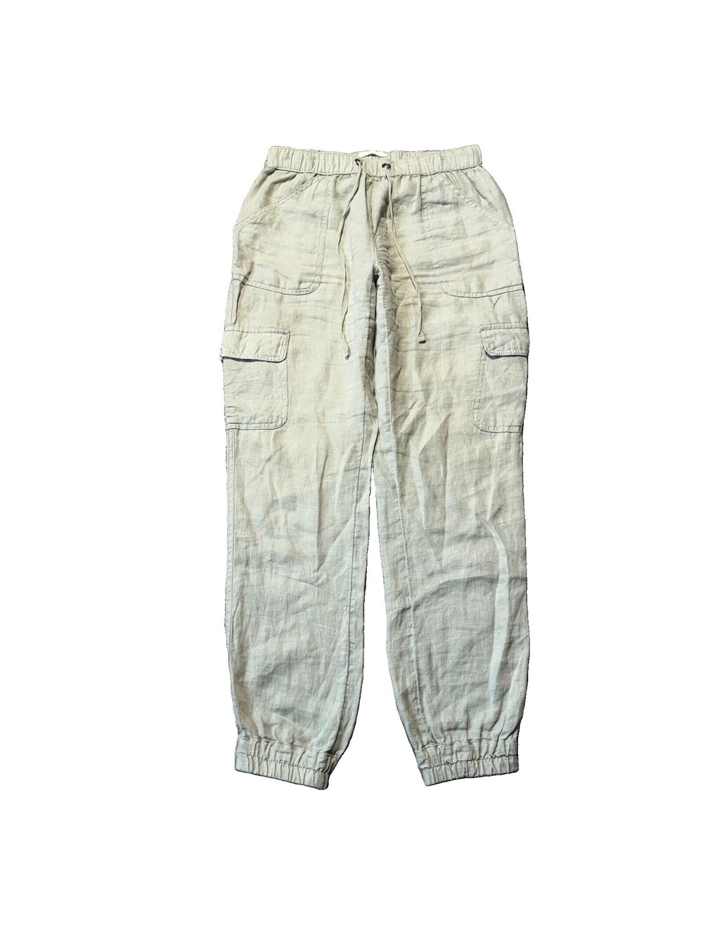 Nicole Miller 100% Linen Cargo Pants Joggers Womens XS Beige Green Lagenlook
